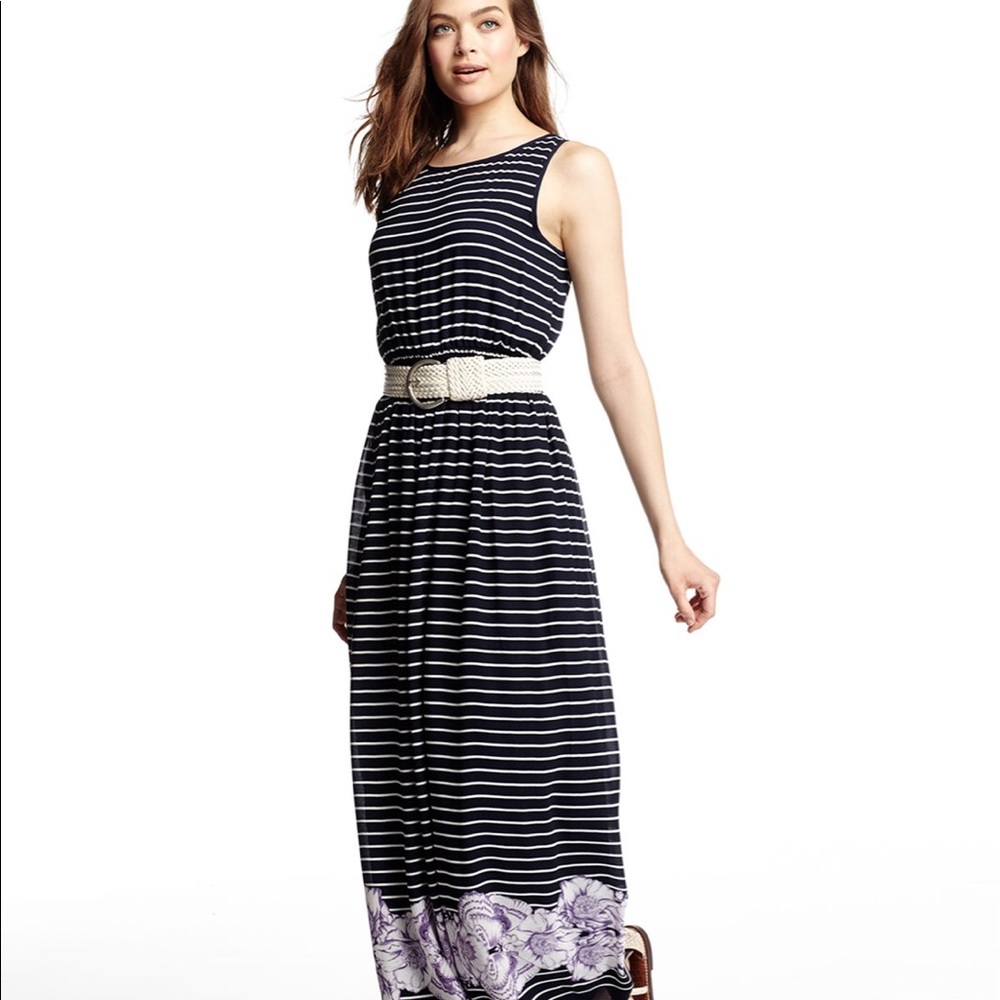 Floral-hem striped sleeveless maxi dress